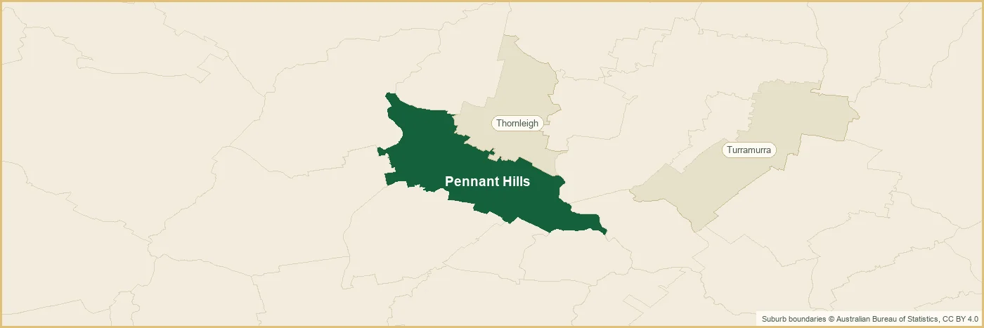 Map of the Pennant Hills plumbing service area, covering Thornleigh and Turramurra